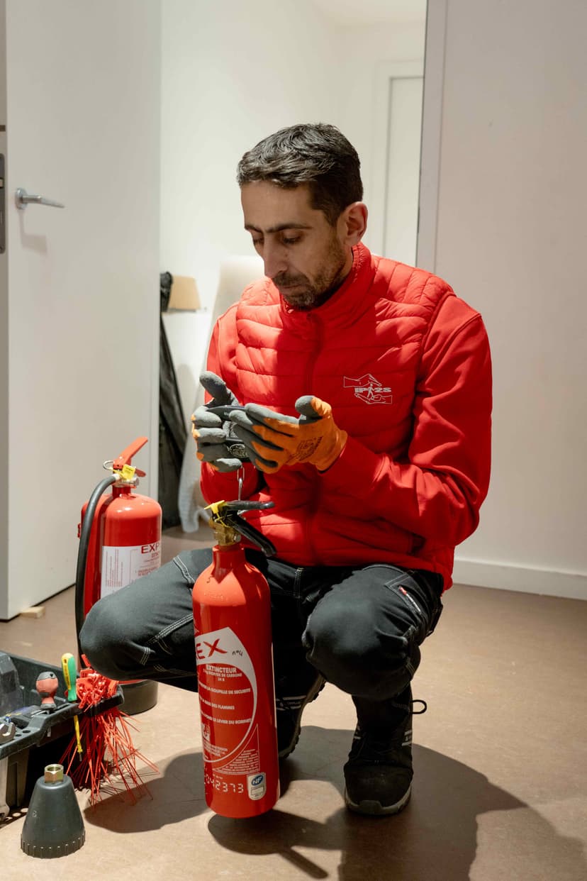 Technicien IP2S inspectant un extincteur CO2 sur site